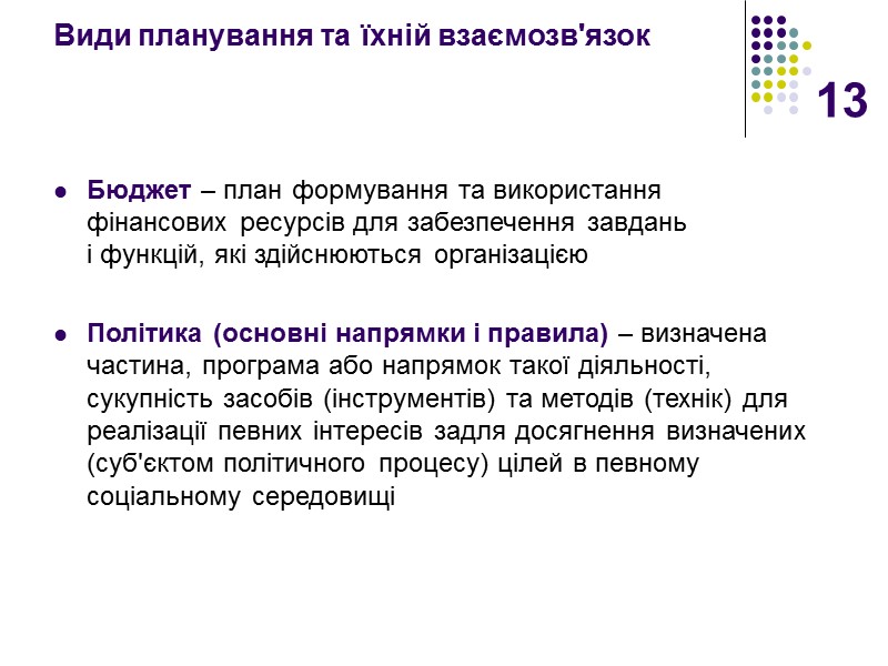 13 Види планування та їхній взаємозв'язок   Бюджет – план формування та використання